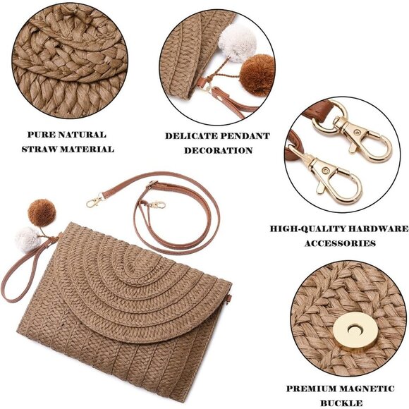 🆕Women Dark Brown Straw Clutch Purse Woven Crossbody Beach Shoulder Bag - Picture 3 of 6